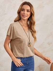EMERY ROSE V領蝙蝠袖素色T恤 - 卡其色 - 查看 5