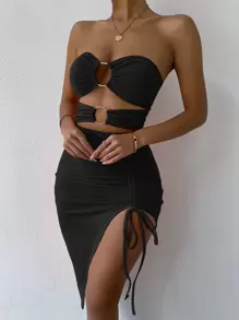 SHEIN Unity Đầm Cắt ra Dây kéo Nhẫn Xù Tách cao màu trơn Gợi cảm - màu đen - Xem 5
