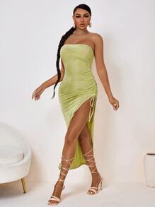 SHEIN SXY Drawstring Side Slit Thigh Backless Tube Dress - Lime Green - View 1