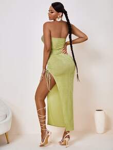 SHEIN SXY Drawstring Side Slit Thigh Backless Tube Dress - Lime Green - View 2