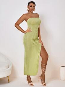 SHEIN SXY Drawstring Side Slit Thigh Backless Tube Dress - Lime Green - View 3