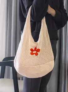 Floral Pattern Hollow Out Detail Crochet Bag - Apricot - View 2