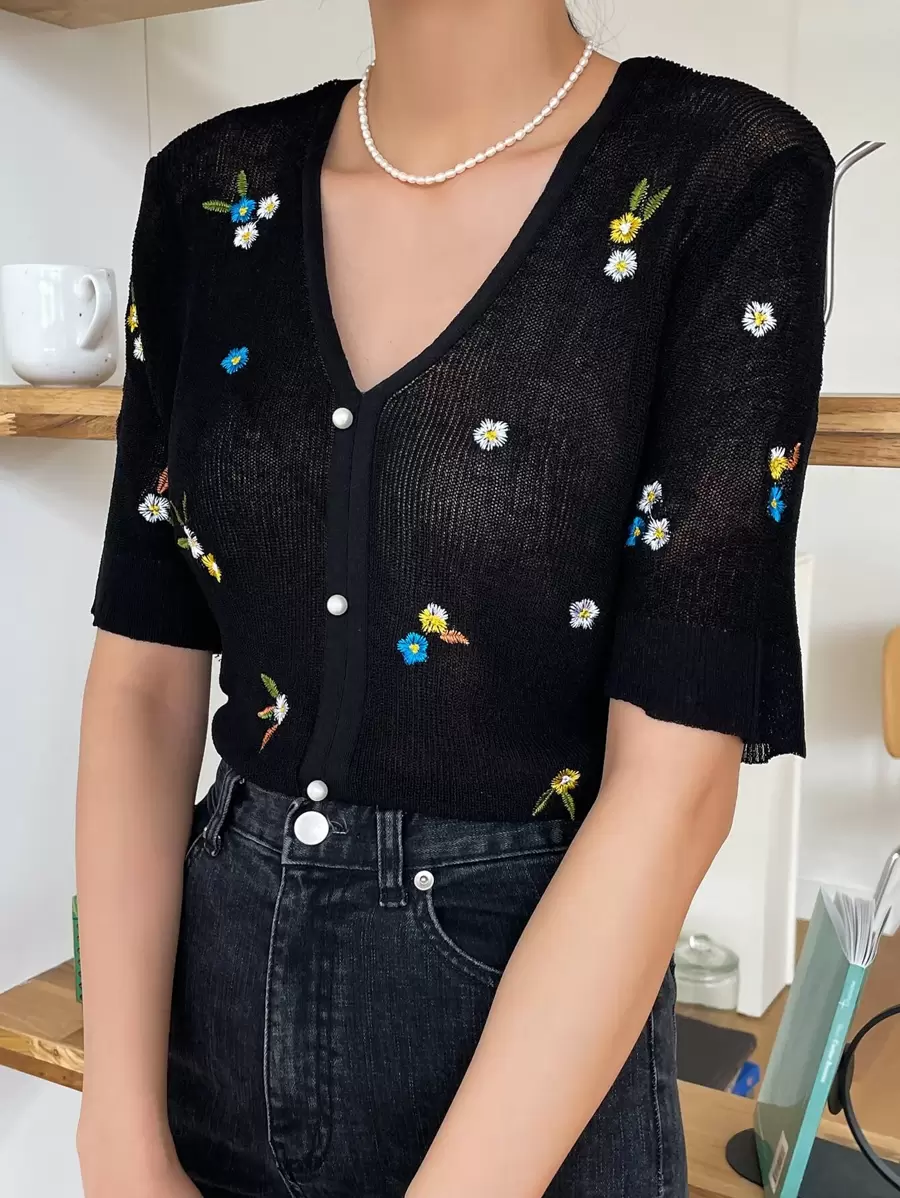 DAZY Floral Embroidery Pearls Front Knit Top - Black - View 1