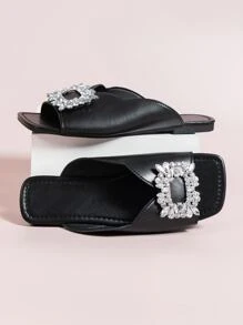 Dép đế bằng trang trí đính đá cho nữ, Dép trượt màu đen quyến rũ - màu đen - Xem 4