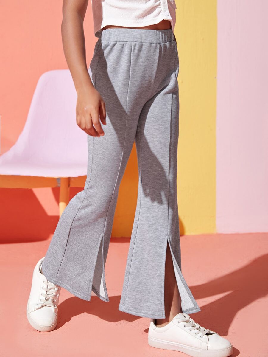 SHEIN Girls Slit Hem Flare Leg Joggers - Light Grey - View 1