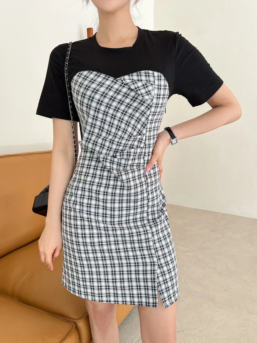 DAZY 格紋抽褶細節下擺開叉假兩件連衣裙 - 黑與白 - 查看 1