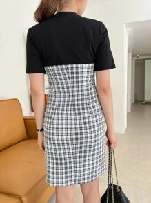 DAZY 格紋抽褶細節下擺開叉假兩件連衣裙 - 黑與白 - 查看 2