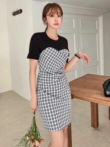 DAZY 格紋抽褶細節下擺開叉假兩件連衣裙 - 黑與白 - 查看 8