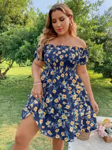 Breezaya Vestido de talla grande con estampado floral bohemio, hombros descubiertos, plisado y volado en el bajo para verano - Azul Marino - Ver 3