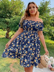 Breezaya Vestido de talla grande con estampado floral bohemio, hombros descubiertos, plisado y volado en el bajo para verano - Azul Marino - Ver 4