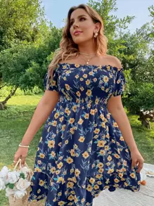 Breezaya Vestido de talla grande con estampado floral bohemio, hombros descubiertos, plisado y volado en el bajo para verano - Azul Marino - Ver 5