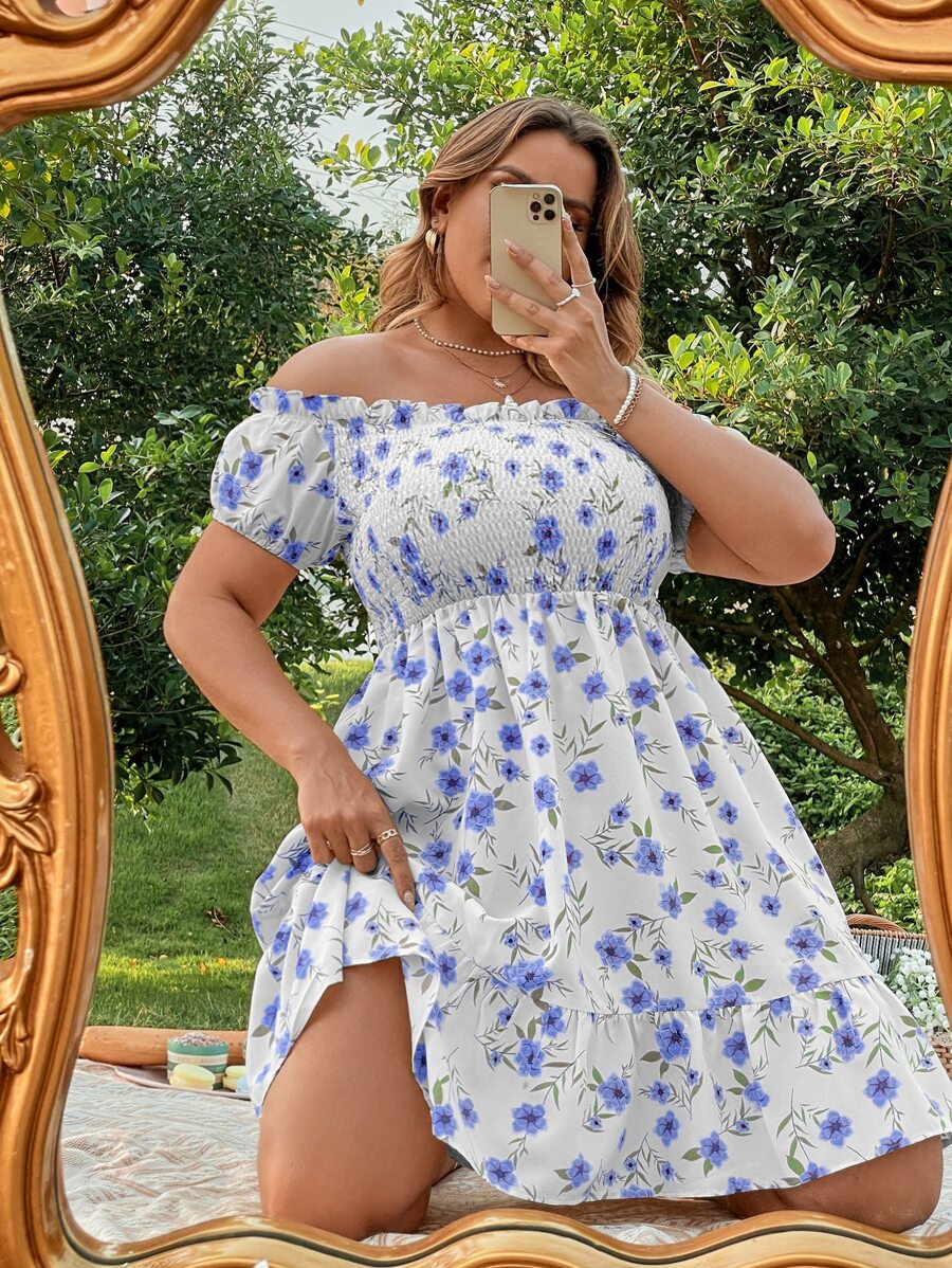 SHEIN Holidaya Đầm Plus Size Viên lá sen Dải chun Hoa Tất cả trên in Boho - trắng - Xem 1