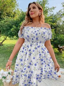 SHEIN Holidaya Đầm Plus Size Viên lá sen Dải chun Hoa Tất cả trên in Boho - trắng - Xem 4
