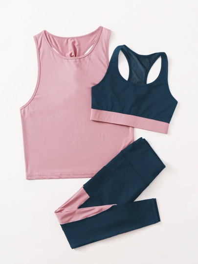 SHEIN Cheerettes 3件組女款拼色運動服套裝 短版背心上衣 & 運動內衣 & 緊身褲 健身運動健身服 秋季穿搭