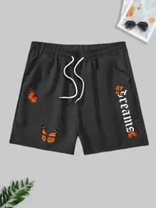 Manfinity Hombres Shorts con cordón con estampado de mariposa y letra - Negro - Ver 1