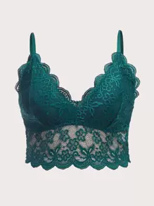 Plus Floral Lace Scallop Trim Bralet - Dark Green - View 1