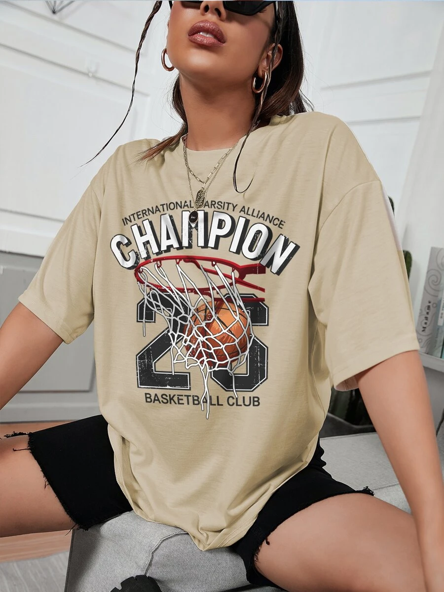 Basketball & Letter Graphic T-Shirt - Apricot - View 1