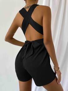 Áo liền quần nữ Lộ Lưng Hội Chữ thập Thắt nút Buộc lại màu trơn Gợi cảm - màu đen - Xem 2