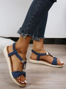 Rhinestone Detail Flat Slingback Sandals - Blue - View 3