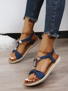 Rhinestone Detail Flat Slingback Sandals - Blue - View 6