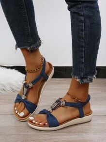 Rhinestone Detail Flat Slingback Sandals - Blue - View 7