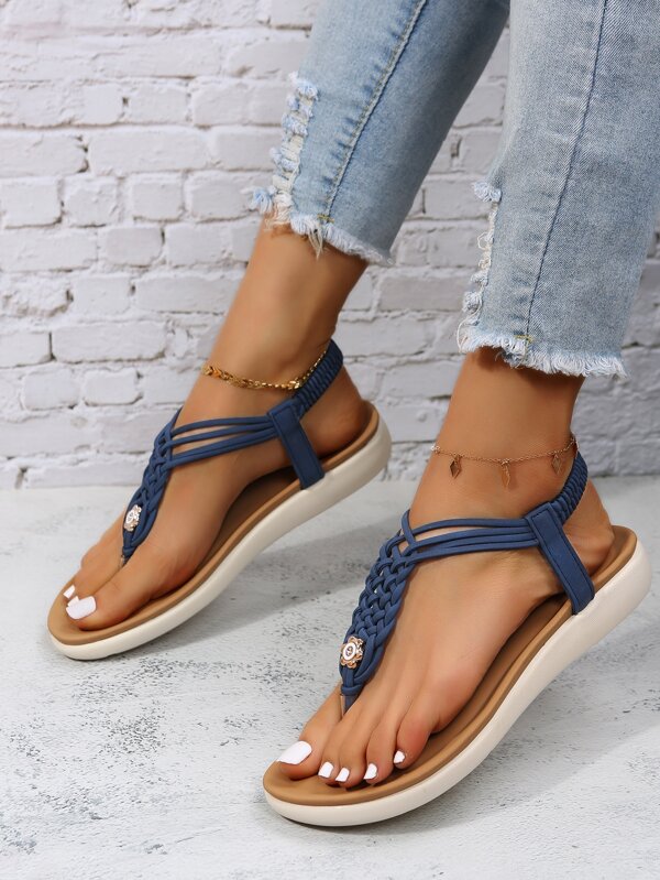 Femme Aléatoire Confort À Fleur À Détail Tressé Sandales Plates , À La