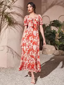 Mulvari 印花前打結前開衩洋裝 - 紅白色 - 查看 1