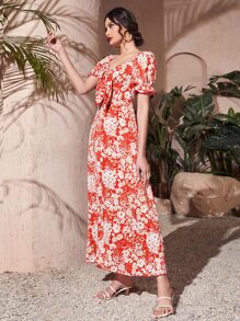 Mulvari 印花前打結前開衩洋裝 - 紅白色 - 查看 4