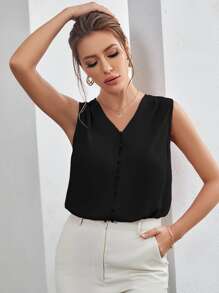 SHEIN Privé 褶邊包扣襯衫 - 黑色 - 查看 1