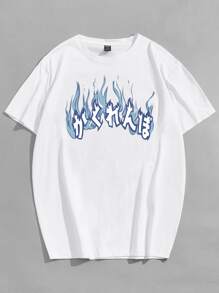 ROMWE MEN Street Life 男士字母图案 T 恤，学校 - 白色 - 查看 1