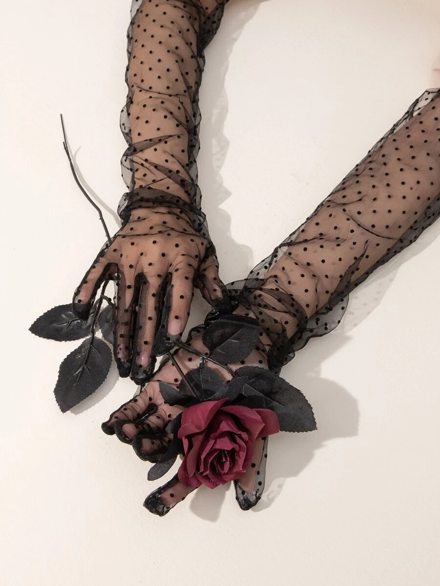 Elegant Polka Dot Pattern Lace Long Gloves - Black - View 1