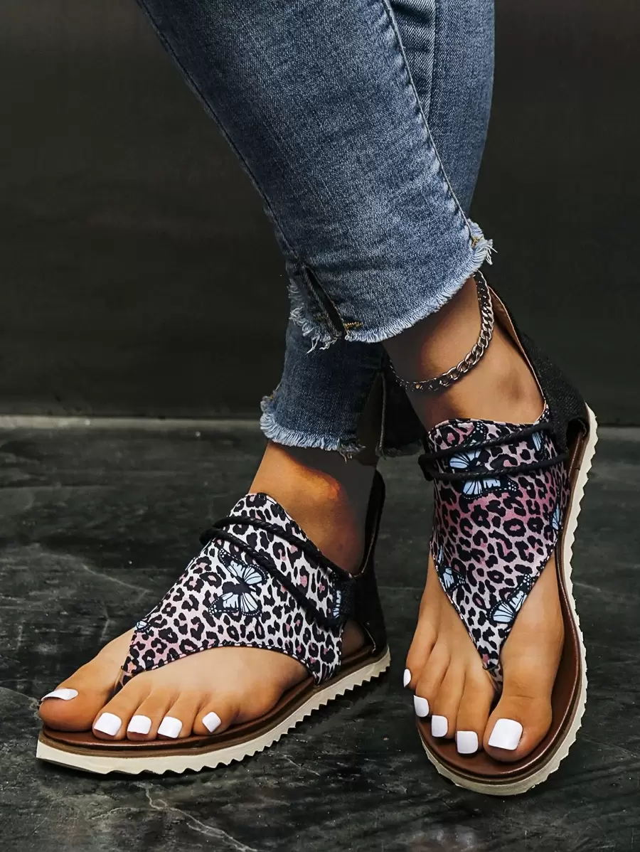 Mulheres borboleta & estampa de leopardo zíper nas costas tanga moda verão sandálias planas