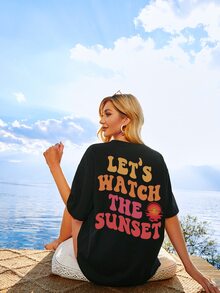 SHEIN Unity Áo thun nữ cổ tròn rộng rãi in khẩu hiệu, vai trễ - màu đen - Xem 4