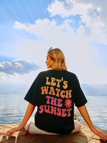 SHEIN Unity Áo thun nữ cổ tròn rộng rãi in khẩu hiệu, vai trễ - màu đen - Xem 5