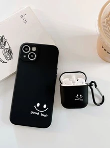 1pc Smile Print Phone Case & 1pc Case Compatible With Airpods Compatible With iPhone15/15Plus/15Pro/15Promax - Black and White - View 1