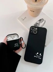 1pc Smile Print Phone Case & 1pc Case Compatible With Airpods Compatible With iPhone15/15Plus/15Pro/15Promax - Black and White - View 2