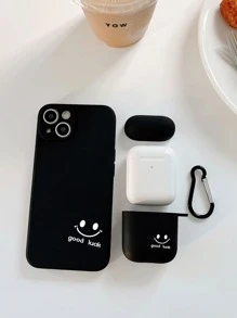 1pc Smile Print Phone Case & 1pc Case Compatible With Airpods Compatible With iPhone15/15Plus/15Pro/15Promax - Black and White - View 5