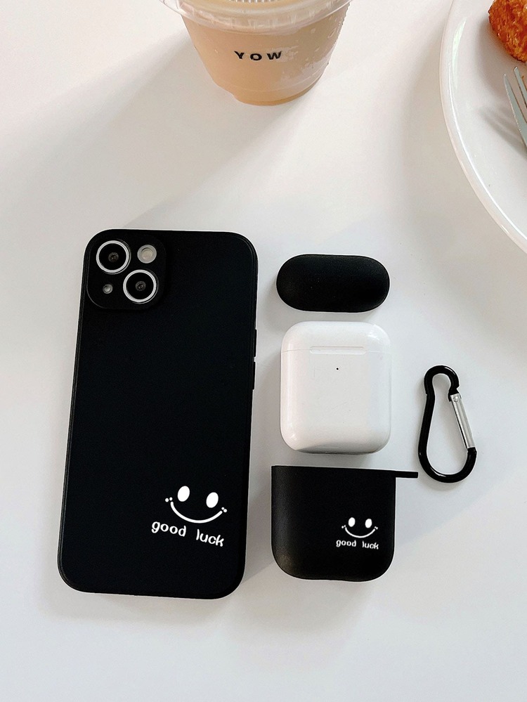1pc Smile Print Phone Case & 1pc Case Compatible With Airpods Compatible With iPhone15/15Plus/15Pro/15Promax - Black and White - View 5