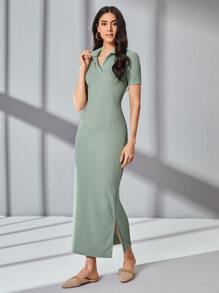 Mulvari Solid Split Hem Fitted Dress - Mint Green - View 3