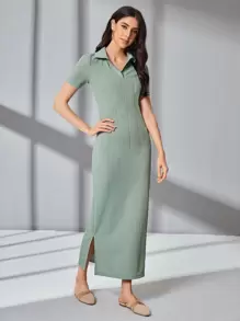 Mulvari Solid Split Hem Fitted Dress - Mint Green - View 4