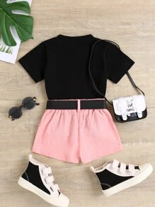 SHEIN Young Girl Round Neck Tee & Dual Pocket Belted Shorts - Multicolor - View 2