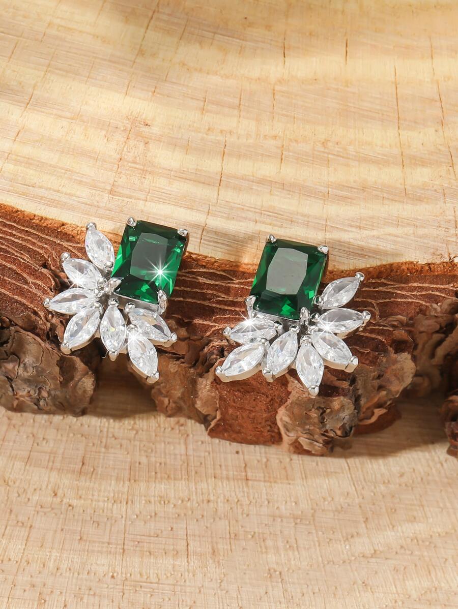 Hoa tai Khối Zirconia  & Trang trí bằng đá quý - Bạc - Xem 1