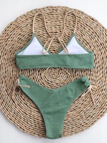 Textured Drawstring Bikini - Green - View 7