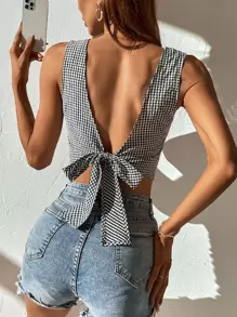 SHEIN Frenchy 格子圖案後背繫帶襯衫 - 黑與白 - 查看 1