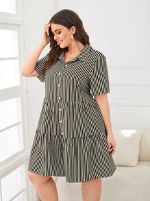 Calvaya 大碼豎條紋前紐扣荷葉邊娃娃裙 - 彩色 - 查看 5