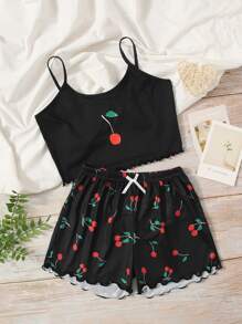 Girls Cherry Print Lettuce Trim Lounge Set - Black - View 1