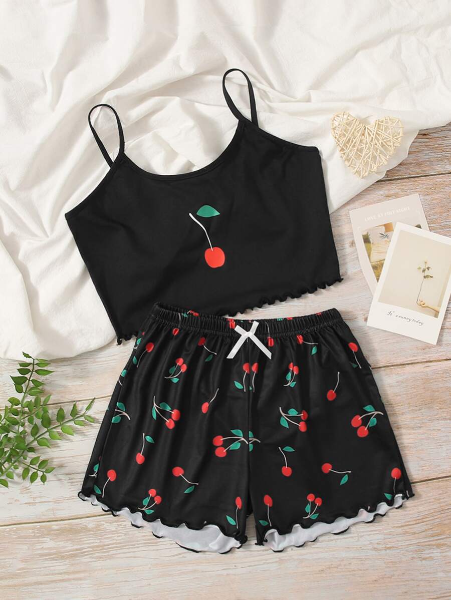 Girls Cherry Print Lettuce Trim Lounge Set - Black - View 1