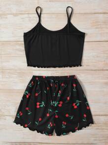 Girls Cherry Print Lettuce Trim Lounge Set - Black - View 2
