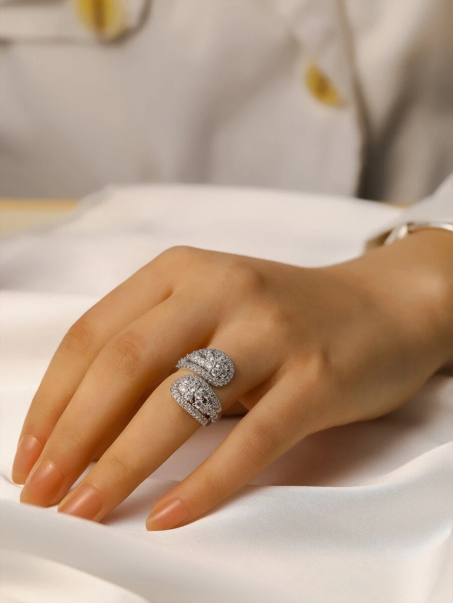 1pc Fashion Geometric Flower Crystal Open Ring, Suitable For Gifts - Silver - View 1