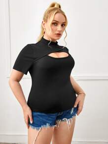 SHEIN Privé Plus Solid Rib Knit Cut Out Tee - Black - View 3
